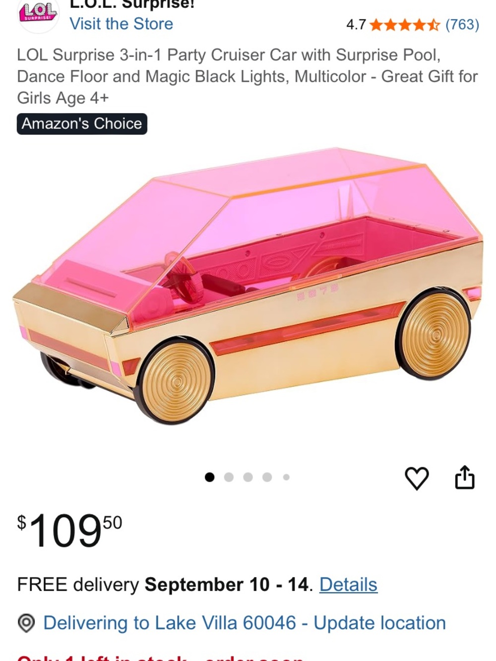 L.O.L. Surprise! Party Cruiser Car in Pink and Gold